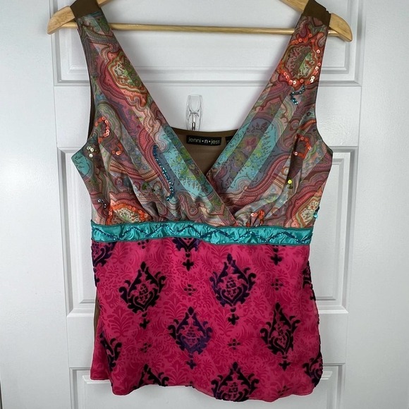 Jenni n Jess Babydoll Sleeveless Paisley Damask Mixed Fabric Print Boho Blouse - Picture 4 of 7